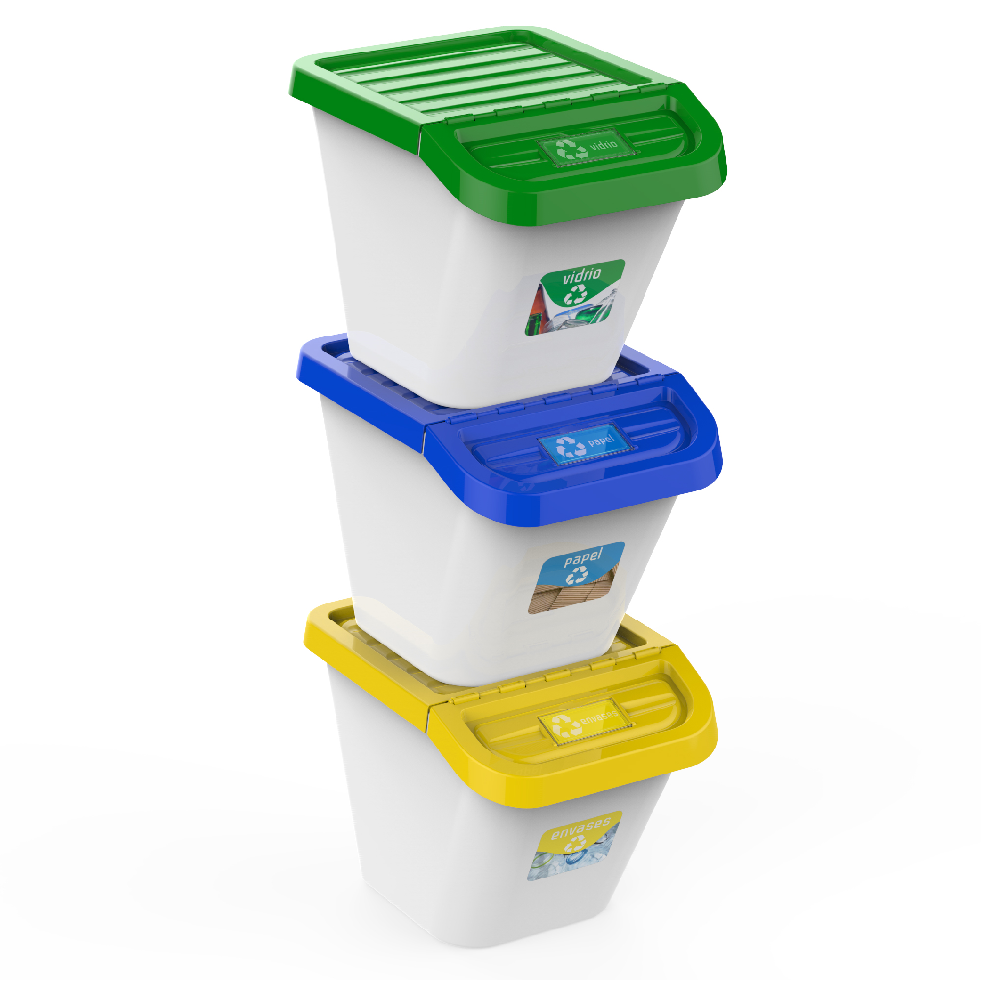 Cubo de reciclaje ecológico 45L de 3 compartimentos c/u, Reciclaje de basura,  cubos de gran capacidad, para Papel, Vidrio y Plástico